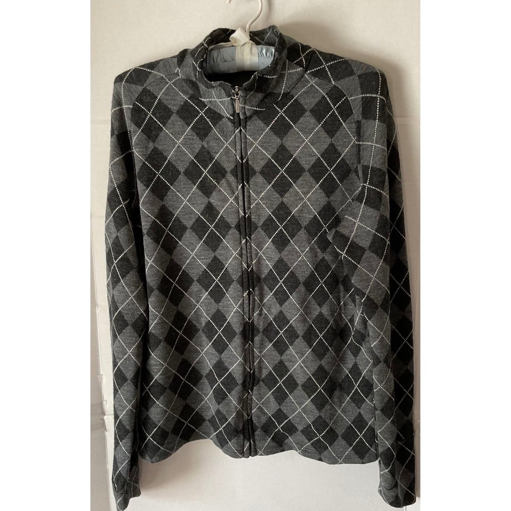 Ibex Womens XL Merino Wool Full Zip Argyle Sweater Grey Black  Mock Neck